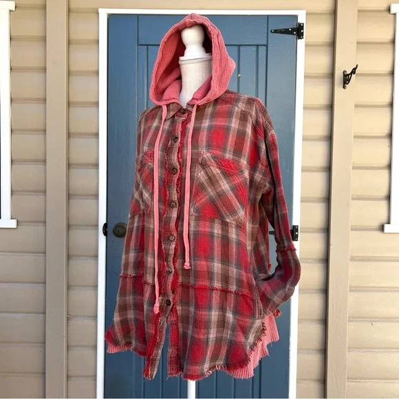 OLI & HALI plaid and waffle pink/rust color, size small, frayed seam Women’s M - Picture 2 of 10